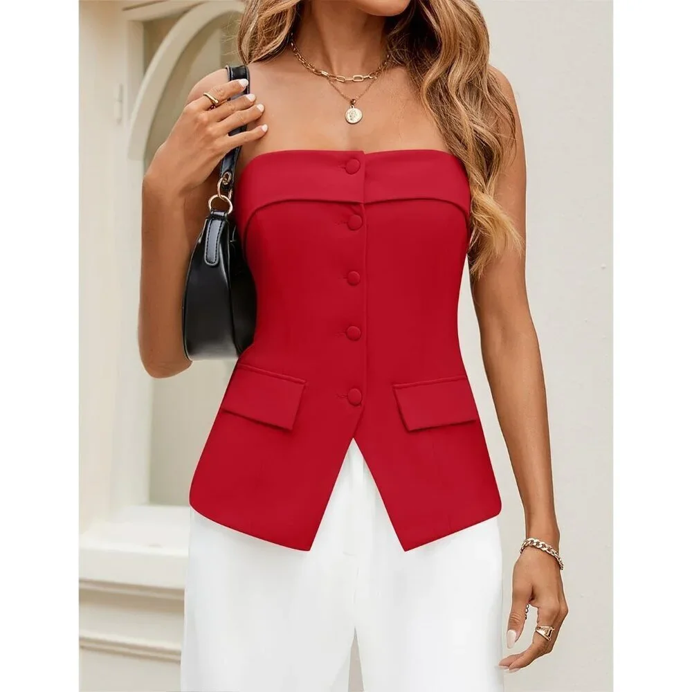 Women's Red Summer Going Out Sleeveless Button Down Dressy Tube Vest Tops